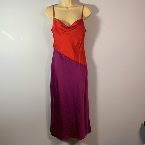 Express red purple satin slip dress cowl neck spaghetti strap diagonal size s - Picture 1 of 10